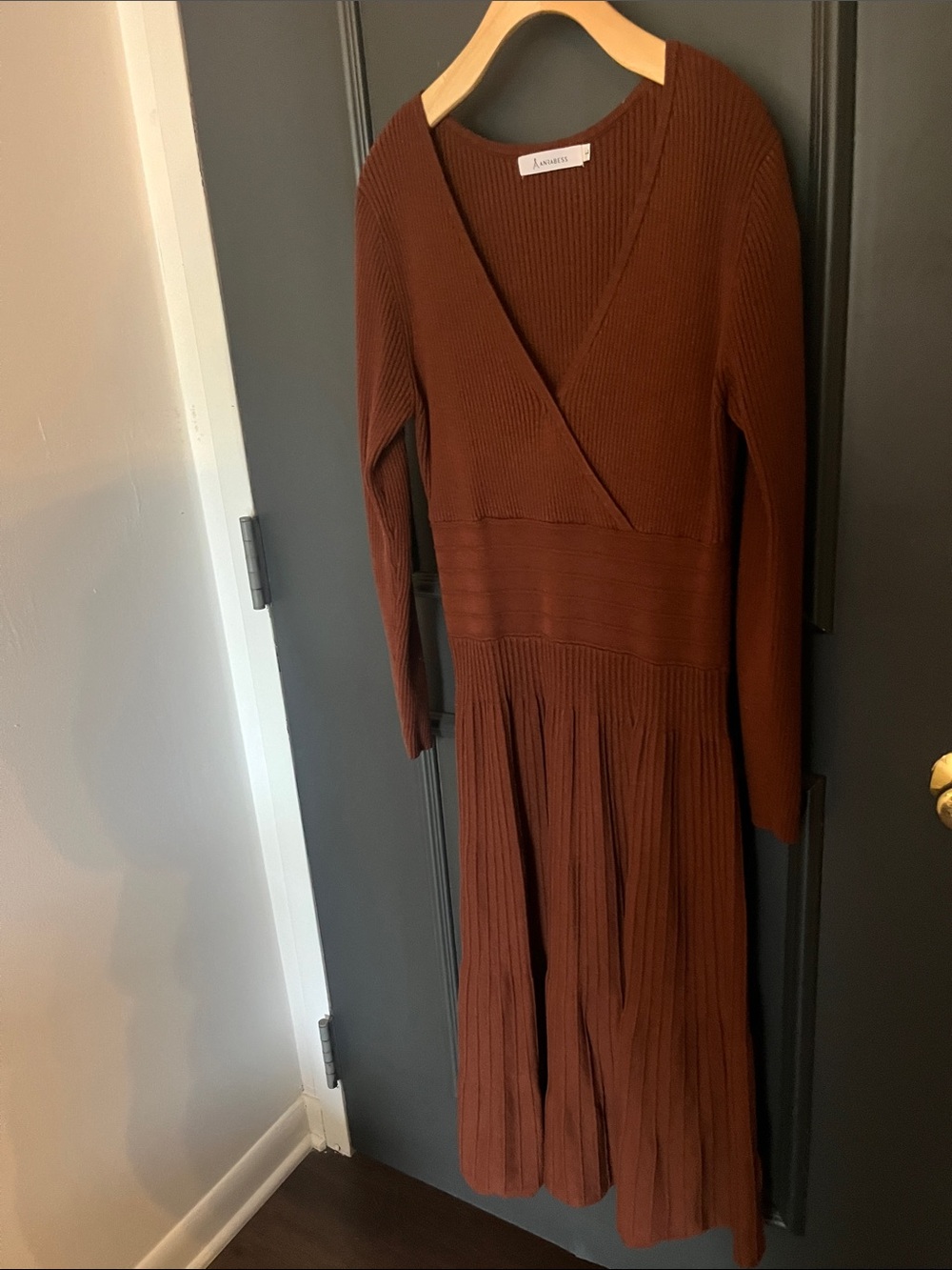Aritzia Brown Ribbed Wrap-Style Long Sleeve Midi Dress